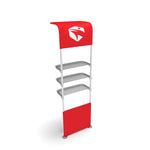 WaveLine® Waterfall Display Shelving for Trade Show Exhibits inside shelf and half graphic